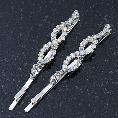 2 Rhodium Plated Clear/ AB Crystal 'Infinity' Hair Grips/ Slides - 55mm Across - main view