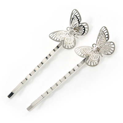 2 Rhodium Plated Diamante Filigree Butterfly Hair Grips/ Slides - 55mm Across - main view