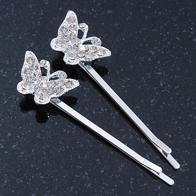 2 Rhodium Plated Swarovski Crystal Butterfly Hair Grips/ Slides - 55mm Across - main view