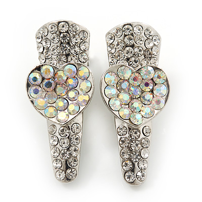 2 Small Rhodium Plated Clear & AB Crystal Heart Hair Beak Clips/ Concord Clips - 35mm Length - main view