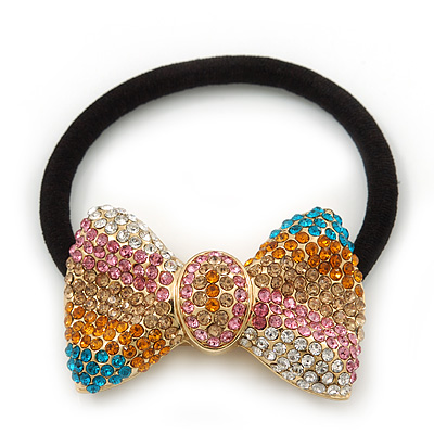 Medium Gold Plated Clear/Pink/Orange/Teal Crystal Bow Pony Tail Hair Elastic/Bobble - main view