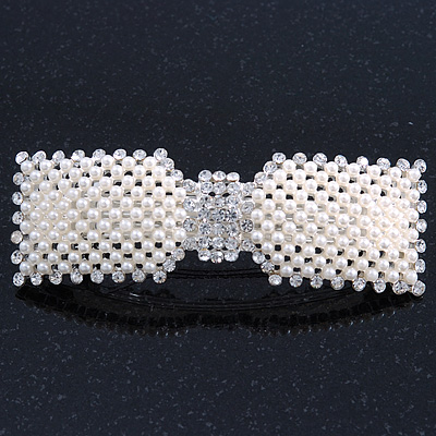 Bridal Wedding Prom Silver Tone Crystal Simulated Pearl 'Bow' Barrette Hair Clip Grip - 90mm Across - main view