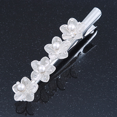 Bridal/ Prom/ Wedding Silver Tone Clear Crystal, Simulated Glass Pearl Lily Hair Beak Clip/ Concord Clip - 12cm Length