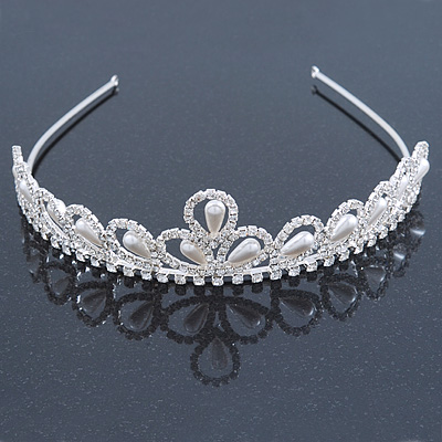 Bridal/ Wedding/ Prom Rhodium Plated Faux Pearl, Crystal Classic Tiara - main view