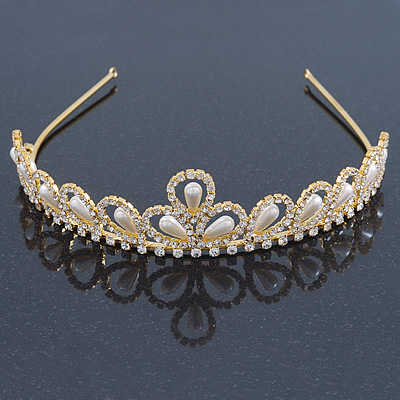Bridal/ Wedding/ Prom Gold Plated Faux Pearl, Crystal Classic Tiara - main view