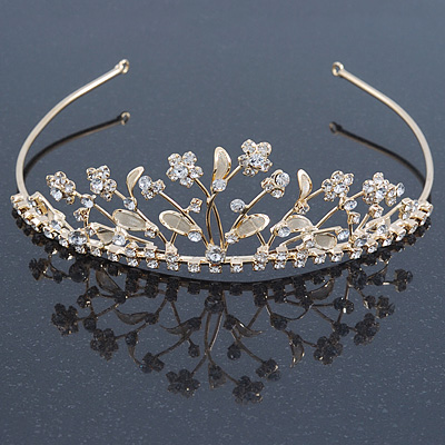 Delicate Bridal/ Wedding/ Prom Gold Plated Austrian Crystal Floral Tiara - main view