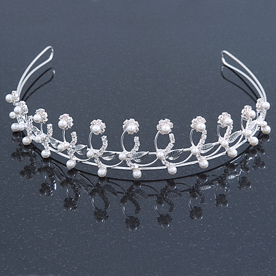 Bridal/ Wedding/ Prom Rhodium Plated Clear Crystal, White Simulated Pearl Floral Tiara Headband