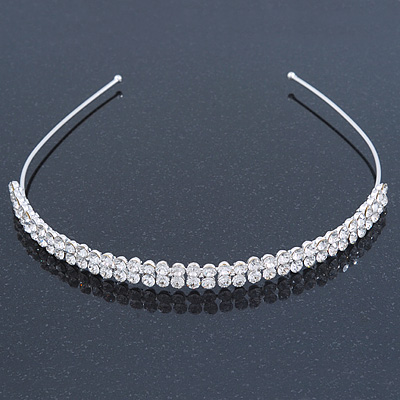 Bridal/ Wedding/ Prom Rhodium Plated Clear Crystal 2 Row Tiara Headband - main view