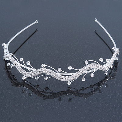 Bridal/ Wedding/ Prom Rhodium Plated Clear Crystal Wavy Tiara Headband - main view