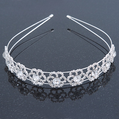 Bridal/ Wedding/ Prom Rhodium Plated Clear Crystal Floral Tiara Headband - main view