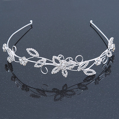 Bridal/ Wedding/ Prom Rhodium Plated Crystal Butterfly, Flowers & Leaves Tiara Headband - main view