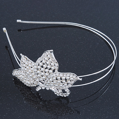 Bridal/ Wedding/ Prom Rhodium Plated White Faux Pearl, Crystal Butterfly Tiara Headband