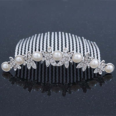 Bridal/ Wedding/ Prom/ Party Rhodium Plated Austrian Crystal Butterfly & Simulated Pearl Hair Comb/ Tiara - 10cm - main view