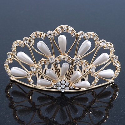 Bridal/ Wedding/ Prom/ Party Gold Plated Swarovski Crystal, Simulated Pearl Hair Comb/ Tiara - 9.5cm - main view