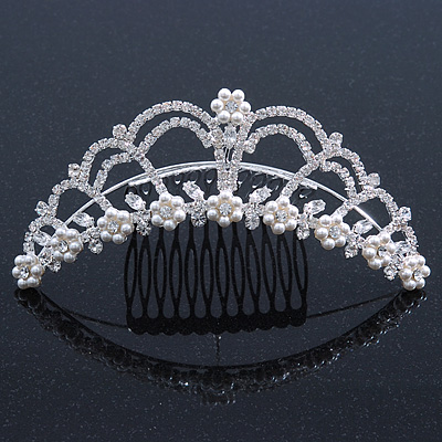 Bridal/ Wedding/ Prom/ Party Rhodium Plated Swarovski Simulated Pearl, Crystal Hair Comb/ Tiara - 13.5cm - main view