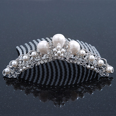 Bridal/ Wedding/ Prom/ Party Rhodium Plated Austrian Crystal & Simulated Glass Pearl Hair Comb Tiara - 10.5cm - main view