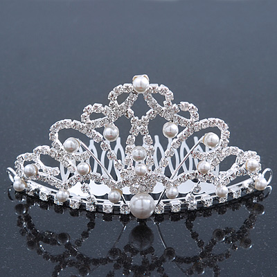 Bridal/ Wedding/ Prom/ Party Rhodium Plated Swarovski Crystal, Simulated Pearl Hair Comb/ Tiara - 10.5cm