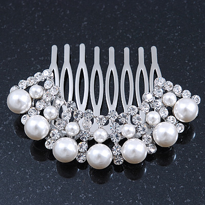 Bridal/ Wedding/ Prom/ Party Dome Shaped Rhodium Plated White Simulated Pearl Bead and Swarovski Crystal Hair Comb - 65mm - main view