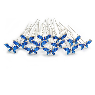 Bridal/ Wedding/ Prom/ Party Set Of 12 Silver Tone Sapphire Blue Coloured CZ Butterfly Hair Pins - main view