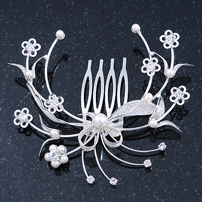 Bridal/ Wedding/ Prom/ Party Rhodium Plated Clear Austrian Crystal/ Simulated Pearl Floral Hair Comb - 75mm - main view