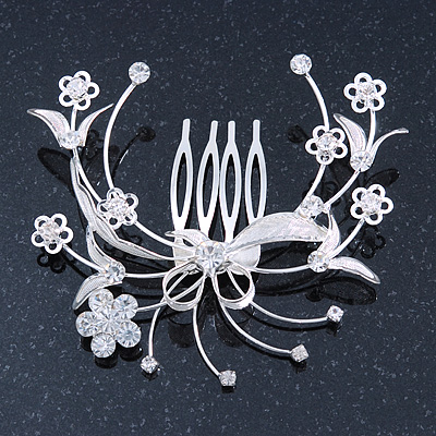 Bridal/ Wedding/ Prom/ Party Rhodium Plated Clear Swarovski Crystal Floral Hair Comb - 85mm - main view