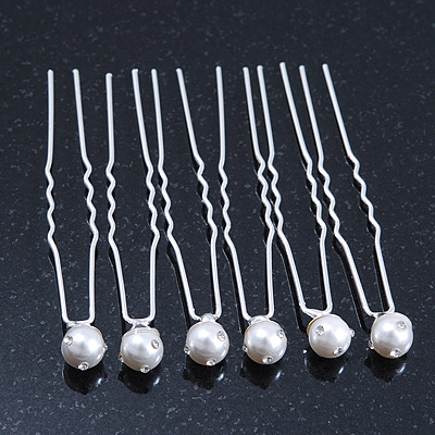 Bridal/ Wedding/ Prom/ Party Set Of 6 Rhodium Plated Crystal Simulated Pearl Hair Pins - main view