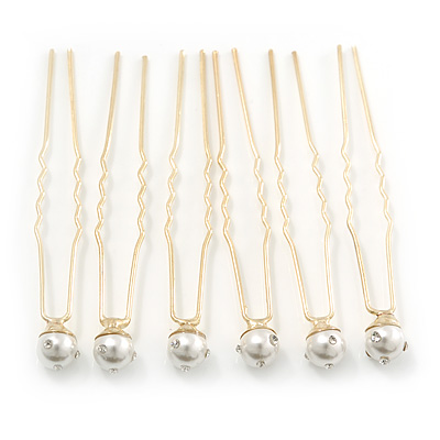Bridal/ Wedding/ Prom/ Party Set Of 6 Gold Plated Crystal Simulated Pearl Hair Pins - main view