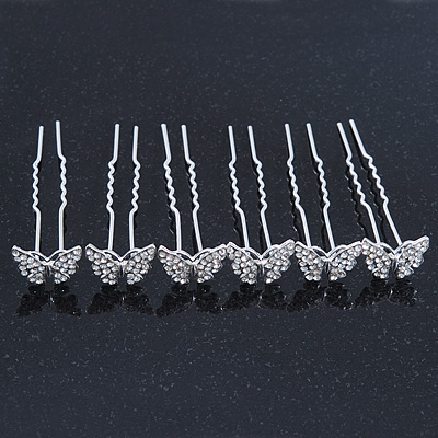 Bridal/ Wedding/ Prom/ Party Set Of 6 Rhodium Plated Crystal 'Butterfly'  Hair Pins - main view
