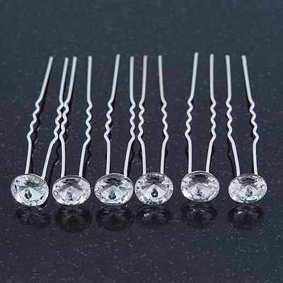 Bridal/ Wedding/ Prom/ Party Set Of 6 Rhodium Plated Crystal Bead Hair Pins - main view