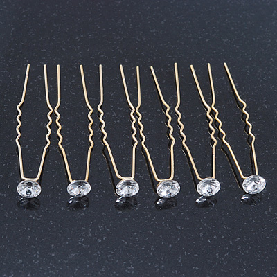 Bridal/ Wedding/ Prom/ Party Set Of 6 Gold Plated Crystal Bead Hair Pins - main view