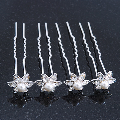 Bridal/ Wedding/ Prom/ Party Set Of 4 Rhodium Plated Crystal Simulated Pearl Flower Hair Pins - main view