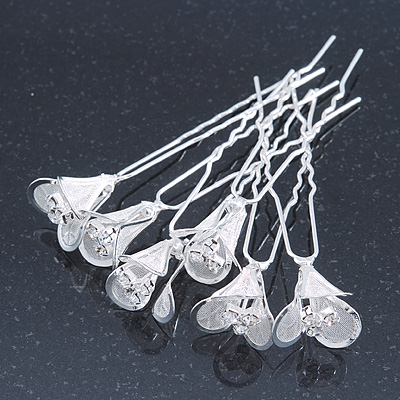 Bridal/ Wedding/ Prom/ Party Set Of 6 Rhodium Plated Crystal Lily Flower Hair Pins - main view