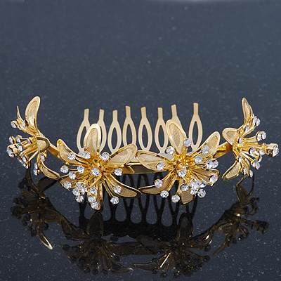 Bridal/ Wedding/ Prom/ Party Gold Plated Clear Swarovski Crystal Floral Hair Comb - 95mm - main view