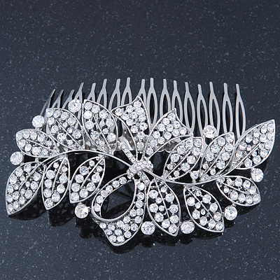 Statement Bridal/ Wedding/ Prom/ Party Rhodium Plated Clear Swarovski Sculptured Bow&Leaf Crystal Side Hair Comb - 11.5cm Width