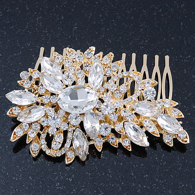 Bridal/ Wedding/ Prom/ Party Gold Plated Clear Swarovski Sculptured Leaf Crystal Hair Comb - 85mm - main view