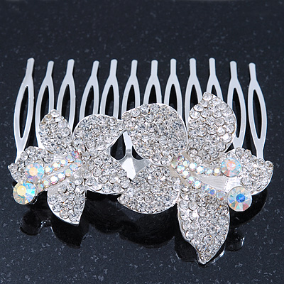 Bridal/ Wedding/ Prom/ Party Rhodium Plated Clear/AB Swarovski Crystal Floral Hair Comb - 70mm - main view