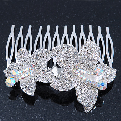 Bridal/ Wedding/ Prom/ Party Rhodium Plated Clear/AB Swarovski Crystal Floral Hair Comb - 70mm