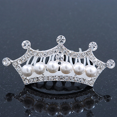 Fairy Princess Bridal/ Wedding/ Prom/ Party Rhodium Plated Austrian Crystal and White Simulated Pearl Mini Hair Comb Tiara - 60mm