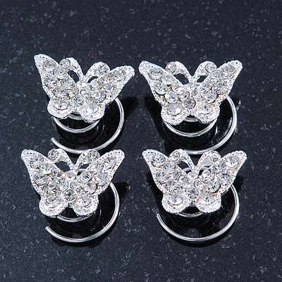 Bridal/ Wedding/ Prom/ Party Set Of 4 Rhodium Plated Crystal 'Butterfly' Spiral Twist Hair Pins - main view