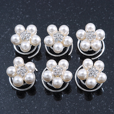 Bridal/ Wedding/ Prom/ Party Set Of 6 Rhodium Plated Crystal Simulated Pearl Floral Spiral Twist Hair Pins - main view