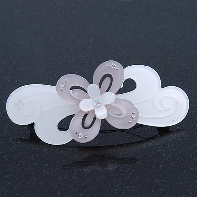 Light Silver/ Light Grey Acrylic Crystal '3D Flower' Barrette Hair Clip Grip - 85mm Across