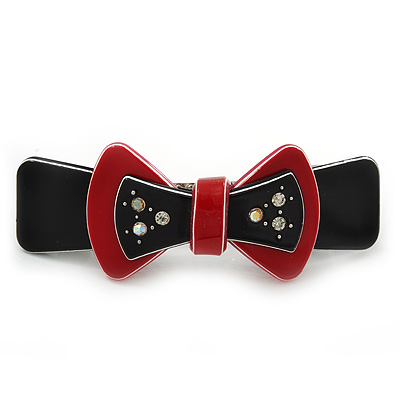 Black/ Red Acrylic Crystal Bow Barrette Hair Clip Grip - 80mm Across - main view