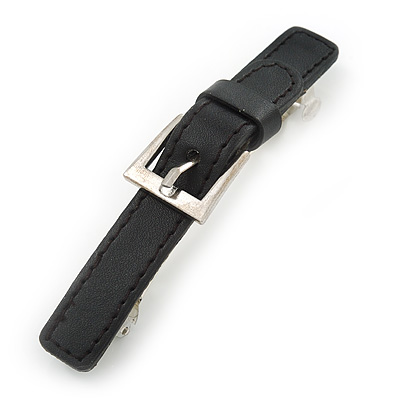Black Faux Leather 'Buckle' Barrette Hair Clip Grip - 105mm Across