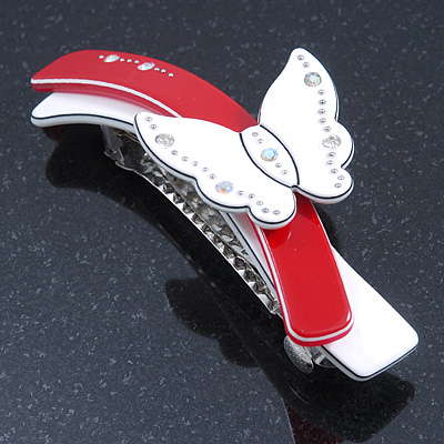 White/ Red Acrylic Crystal Butterfly Barrette Hair Clip Grip - 95mm Across