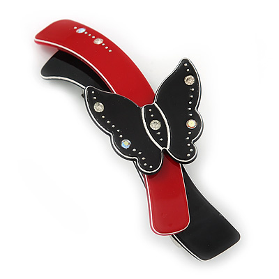 Black/ Red Acrylic Crystal Butterfly Barrette Hair Clip Grip - 95mm Across