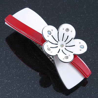 White/ Red Acrylic Crystal Flower Barrette Hair Clip Grip - 85mm Across - main view