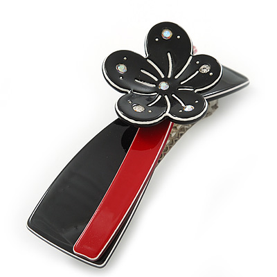 Black/ Red Acrylic Crystal Flower Barrette Hair Clip Grip - 85mm Across - main view