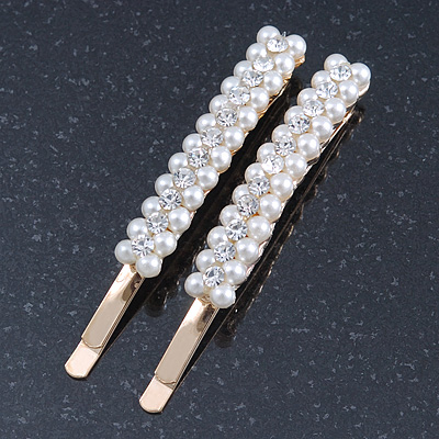 2 Bridal/ Prom Wide Crystal, Simulated Pearl Hair Grips/ Slides In Gold Plating - 60mm Across - main view