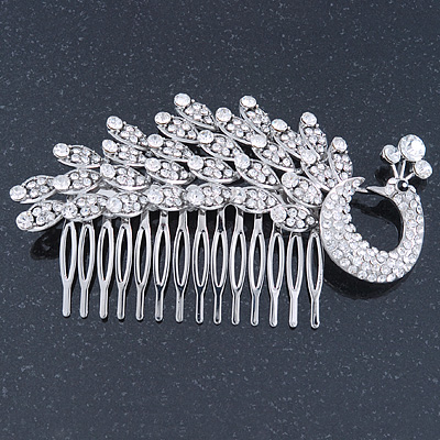 Statement Bridal/ Wedding/ Prom/ Party Rhodium Plated Clear Swarovski Sculptured 'Peacock' Crystal Side Hair Comb - 12cm Width