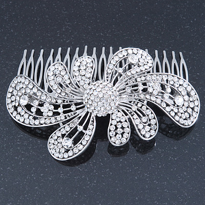 Statement Bridal/ Wedding/ Prom/ Party Rhodium Plated Clear Swarovski Sculptured 'Bow' Crystal Side Hair Comb - 11.5cm Width - main view